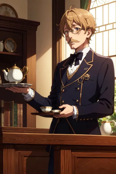 (masterpiece, ultra detailed, high quality, beautiful eyes, insanely detailed eyes:1.15), 1boy, solo, butler uniform, middle-aged man, thin moustache, short hair, salt-and-pepper, glasses, insightful eyes, classic British manor, rich wooden furniture, antique ornaments, soft warm light, Victorian windows, polished shoes, silver tray, elegant tea set, hot tea, medium shot,kyoani style, kyoani coloring, kyoani screencap