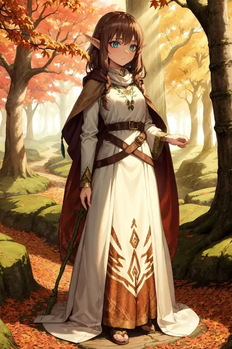 solo, female, 1girl, female focus, (wood elf:1.5), nature surroundings, (brown hair:1.3), autumn leaves, elven ears, magical, green eyes, holding staff, cloak, full body, intricate clothing, detailed face, beautifully woven hair, peaceful expression, looking at viewer, standing under ancient tree, rich woodland, dappled sunlight, masterpiece, ultra detailed, high quality, <lora:ygodsod768-2:0.7>