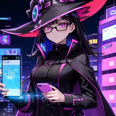 solo, modern witch, 1girl, female focus, (smartphone:1.5), city night lights, (black hair:1.3), glasses, upper body, stylish outfit, beautiful face, holographic interface, looking at viewer, in front of large digital billboard, neon lighting, masterpiece, ultra detailed, high quality, <lora:ygodsod768-2:0.7>