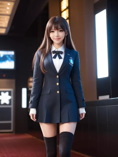best quality,masterpiece,ray tracing, global illumination, solo, science fiction,bio lab, symmetry, facing viewer, lucia, (light smile:0.5), looking at viewer, long hair, (((bangs))), depth of field, movie theater, bioluminescence, 25-year-old girl,full body,winter uniform, high heels, black thighhighs, no nipples,
<lora:SDXL lucia 000001:0.8>