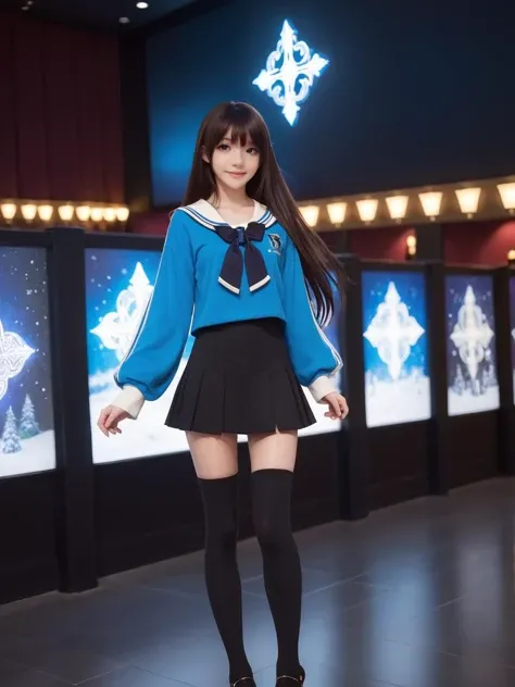 best quality,masterpiece,ray tracing, global illumination, solo, science fiction,magi the labyrinth of magic, symmetry, facing viewer, lucia, (light smile:0.5), looking at viewer, long hair, (((bangs))), depth of field, movie theater, bioluminescence, 25-year-old girl,full body,winter uniform, high heels, black thighhighs, no nipples,
<lora:SDXL lucia 000001:0.8>