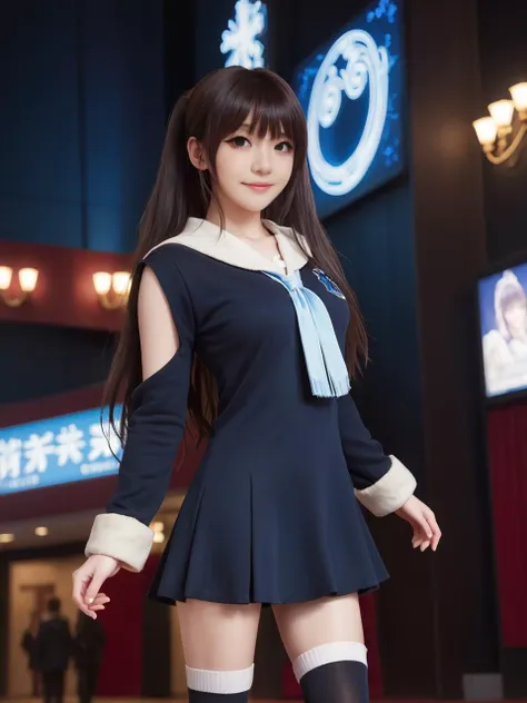 best quality,masterpiece,ray tracing, global illumination, solo, science fiction,magi the labyrinth of magic, symmetry, facing viewer, lucia, (light smile:0.5), looking at viewer, long hair, (((bangs))), depth of field, movie theater, bioluminescence, 25-year-old girl,full body,winter uniform, high heels, black thighhighs, no nipples,
<lora:SDXL lucia 000001:0.8>