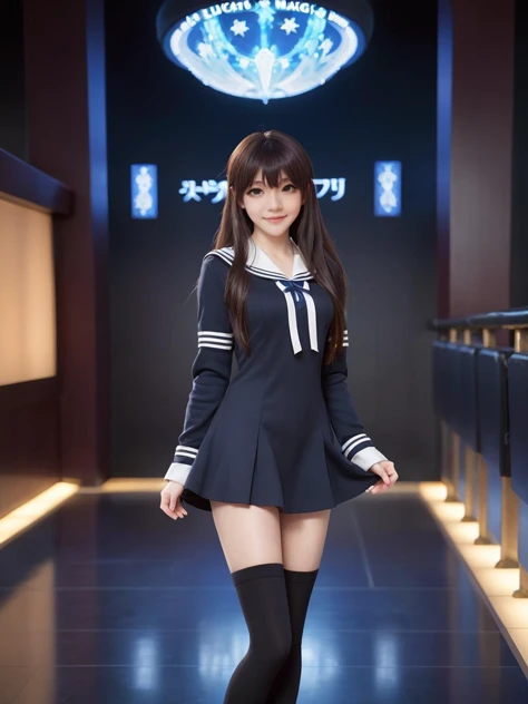best quality,masterpiece,ray tracing, global illumination, solo, science fiction,magi the labyrinth of magic, symmetry, facing viewer, lucia, (light smile:0.5), looking at viewer, long hair, (((bangs))), depth of field, movie theater, bioluminescence, 25-year-old girl,full body,winter uniform, high heels, black thighhighs, no nipples, 
 <lora:SDXL lucia 000001:0.8>