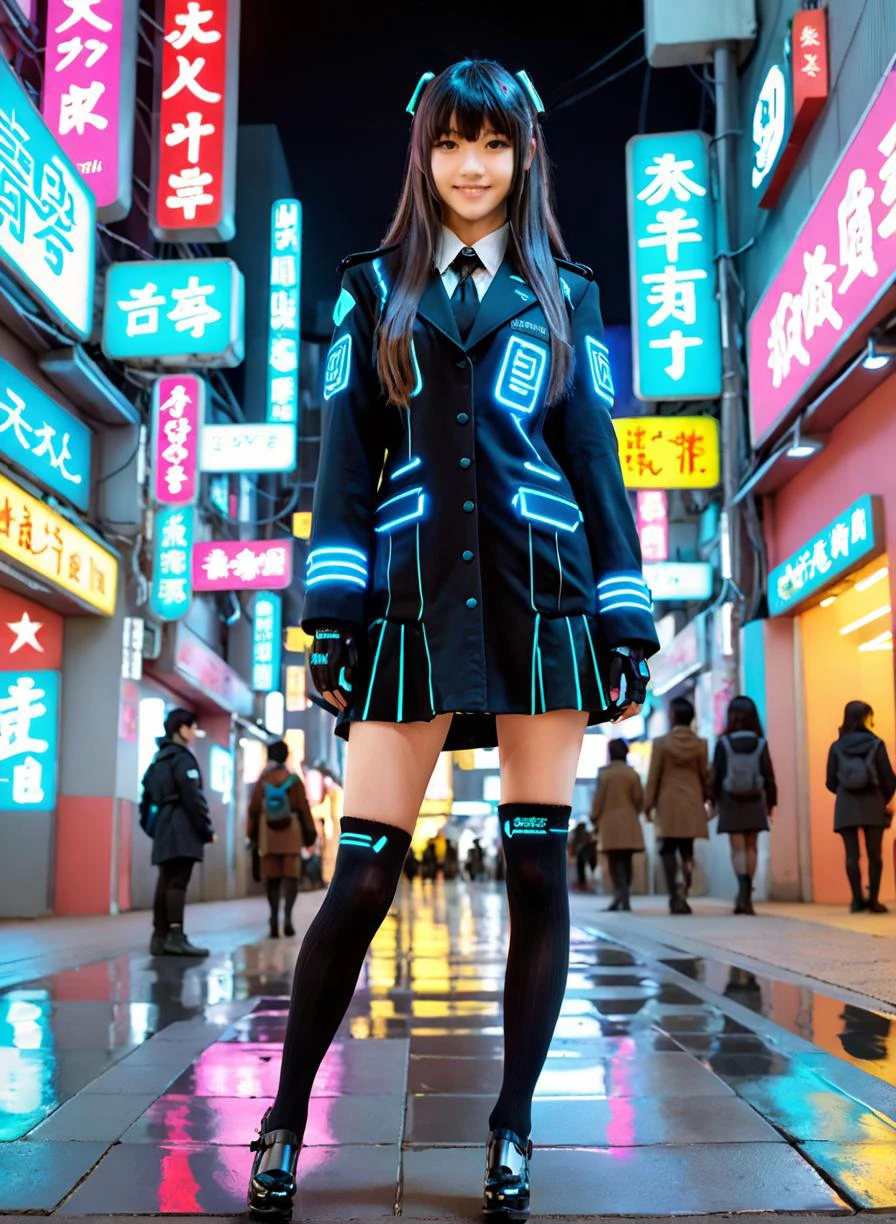 <lora:Princess Lucia:0.6>,
cyberpunk world,best quality,masterpiece,ray tracing, global illumination, solo, cyberpunk japan, science fiction,cyberpunk, symmetry, facing viewer, lucia, (light smile:0.5), looking at viewer, long hair, (((bangs))), depth of field, bioluminescence, 25-year-old girl,full body,cyberpunk winter uniform, high heels,black thighhighs, no nipples, cinemagraph,