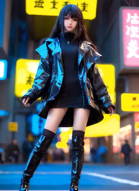 <lora:Princess Lucia:0.6>,
cyberpunk world,best quality,masterpiece,ray tracing, global illumination, solo, cyberpunk japan, science fiction,cyberpunk, symmetry, facing viewer, lucia, (light smile:0.5), looking at viewer, long hair, (((bangs))), depth of field, bioluminescence, 25-year-old girl,full body,cyberpunk winter uniform, high heels,black thighhighs, no nipples, cinemagraph,