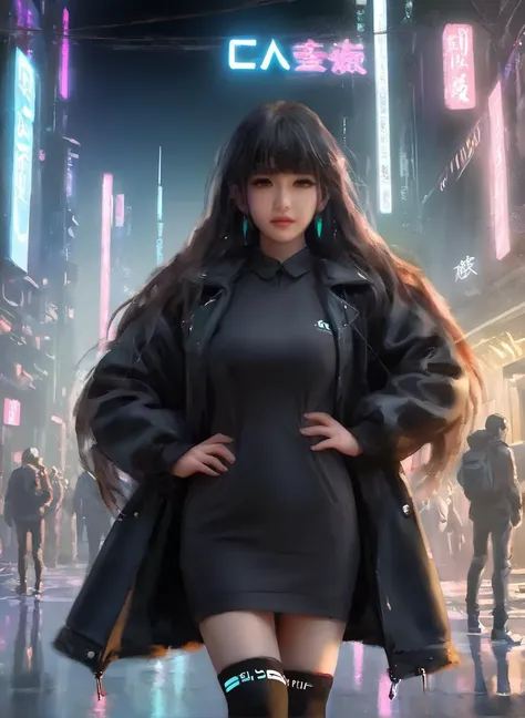 <lora:Princess Lucia:0.6>,
cyberpunk world,best quality,masterpiece,ray tracing, global illumination, solo, cyberpunk japan, science fiction,cyberpunk, symmetry, facing viewer, lucia, (light smile:0.5), looking at viewer, long hair, (((bangs))), depth of field, bioluminescence, 25-year-old girl,full body,cyberpunk winter uniform, high heels,black thighhighs, no nipples, cinemagraph,