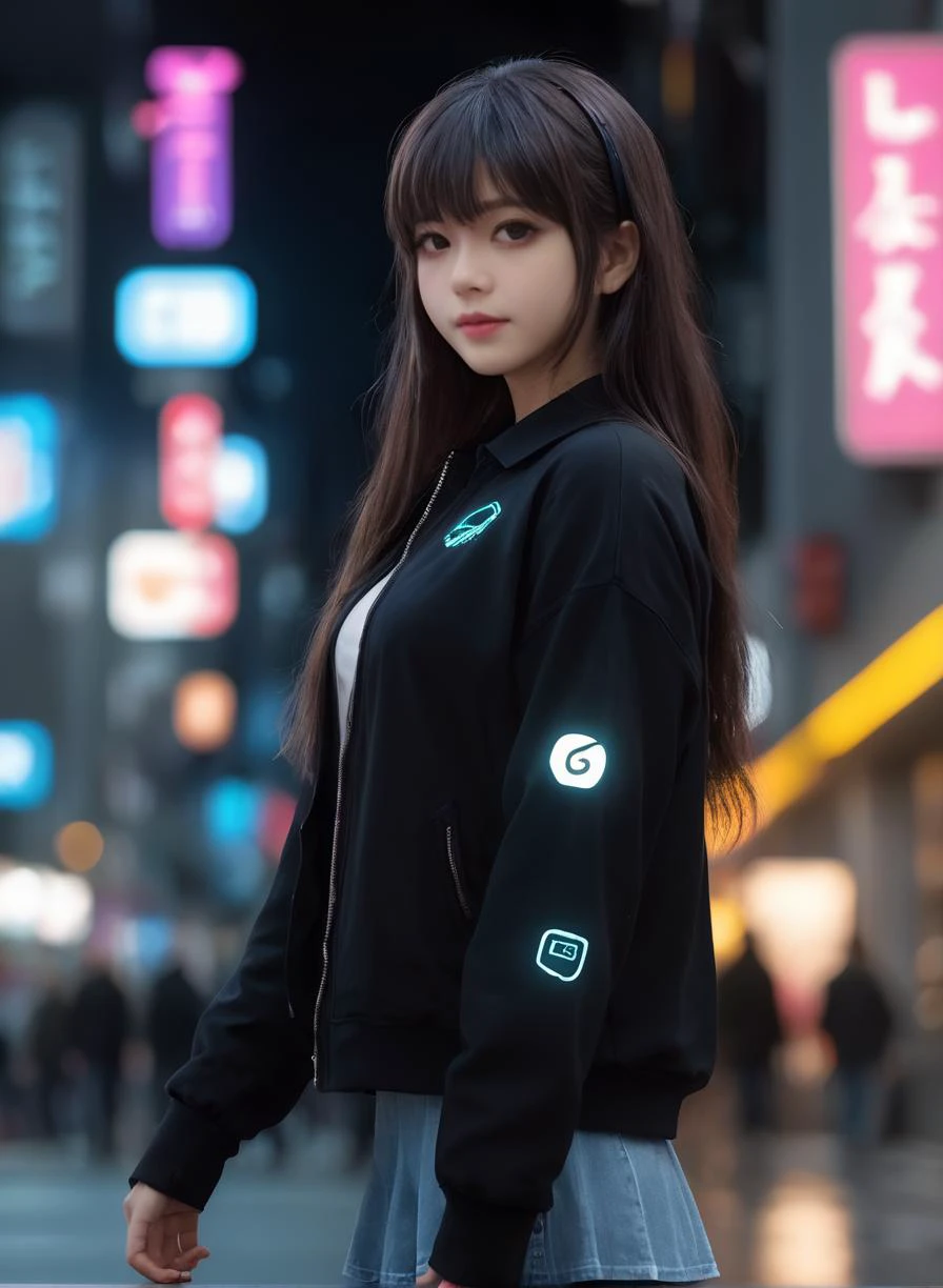 <lora:Princess Lucia:0.6>,
cyberpunk world,best quality,masterpiece,ray tracing, global illumination, solo, cyberpunk japan, science fiction,cyberpunk, symmetry, facing viewer, lucia, (light smile:0.5), looking at viewer, long hair, (((bangs))), depth of field, bioluminescence, 25-year-old girl,full body,cyberpunk winter uniform, high heels,black thighhighs, no nipples, cinemagraph,