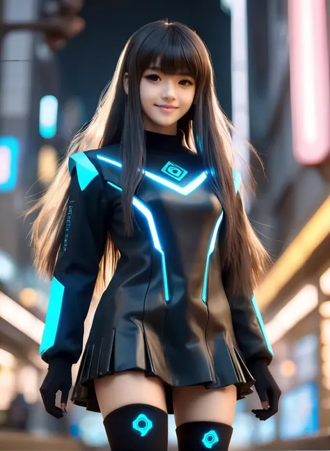 <lora:Princess Lucia:0.6>,
cyberpunk world,best quality,masterpiece,ray tracing, global illumination, solo, cyberpunk japan, science fiction,cyberpunk, symmetry, facing viewer, lucia, (light smile:0.5), looking at viewer, long hair, (((bangs))), depth of field, bioluminescence, 25-year-old girl,full body,cyberpunk winter uniform, high heels,black thighhighs, no nipples, cinemagraph,