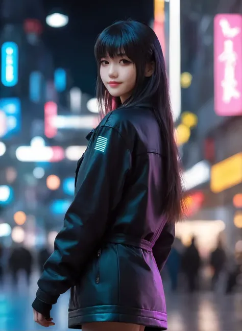 <lora:Princess Lucia:0.6>,
cyberpunk world,best quality,masterpiece,ray tracing, global illumination, solo, cyberpunk japan, science fiction,cyberpunk, symmetry, facing viewer, lucia, (light smile:0.5), looking at viewer, long hair, (((bangs))), depth of field, bioluminescence, 25-year-old girl,full body,cyberpunk winter uniform, high heels,black thighhighs, no nipples, cinemagraph,