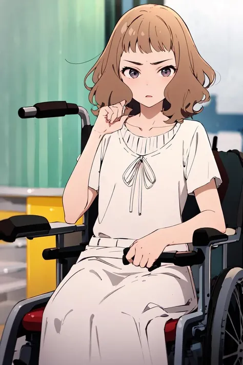 1girl, josee, sitting <lora:josee-v1:1>, long skirt, wheelchair, (annoyed:0.8)