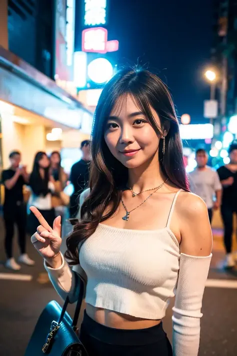(8k, RAW photo, best quality, masterpiece:1.2), (realistic, photo-realistic:1.37),1girl, cute:1.2,Hong Kong cityscape, night, professional lighting, photon mapping, radiosity, physically-based rendering, double shoulder white sweater, slim body, smile, brown hair, front-facing, whole body, delicate face, looking at viewer, Hong Kong girl:1.5, necklace, handbag, 5 finger hand <lora:HKGirls-000006:0.6>