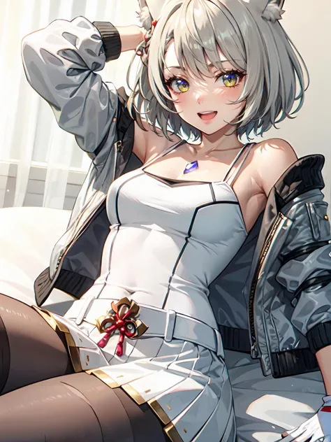 (extremely detailed CG), (best quality), perfect face, shiny skin, lustrous skin,wide hips,narrow waist 1girl,solo <lora:MioBlade-10:0.8>MioBlade,yellow eyes, medium breast,knee boots,collarbone,open jacket,white gloves,boots,fingerless gloves,white hair,bangs,shoulder strap, pantyhose, white jacket,pleated skirt leggings, white skirt,tank top,short hair, white camisol, chest jewel,camisole, white tank top,cat ears, smile, lying on bed, arms over head, armpits, blushed, open mouth