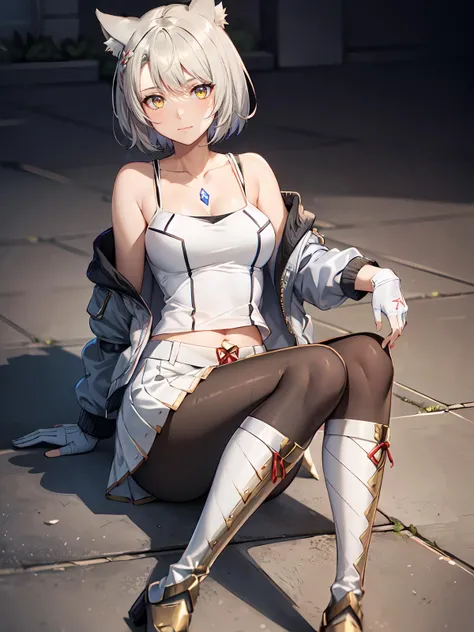 (extremely detailed CG), (best quality), perfect face, shiny skin, lustrous skin,wide hips,narrow waist 1girl,solo <lora:MioBlade-10:0.7>MioBlade,yellow eyes,medium breast,knee boots,collarbone,open jacket,white gloves,boots,fingerless gloves,grey white hair,bangs,shoulder strap, pantyhose, white jacket,pleated skirt leggings, white skirt,tank top,short hair, white camisol, chest jewel,camisole, white tank top,cat ears,full body,