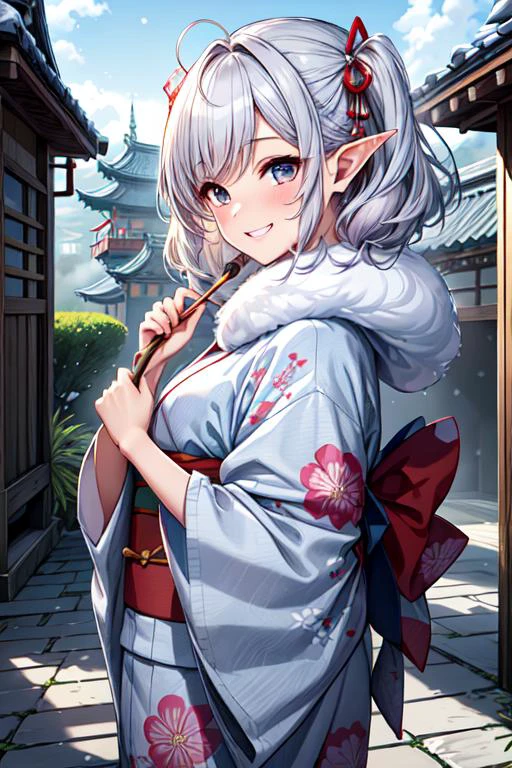 (best quality:1.2) (4k:1.) (highres:1.1) , (ultra detailed CG:1.1) ,
1girl elf , solo , (detailed face:1) , (silver twintail:1) , (small breasts:1) , <lora:colorkimono:1> (color kimono:1.2) , (wide sleeves:1), (long sleeves:1), (obi:1) , (sash:1) , (gorgeous floral print:1) , pink cute kimono , nose blush , grin , fur muffler , steam , winter , luxurious ornaments , shrine , Asian architecture , stone paving , outdoors , <lora:epiCRealismHelper:1> <lora:Gloomifier_TheDread_V1_LECO:-.5> <lora:hyperdetailer_v095:.4>