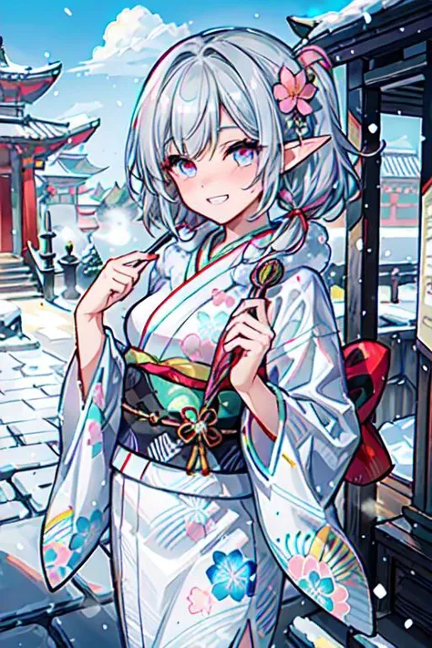 (best quality:1.2) (4k:1.) (highres:1.1) , (ultra detailed CG:1.1) ,
1girl elf , solo , (detailed face:1) , (silver twintail:1) , (small breasts:1) , <lora:colorkimono:1> (color kimono:1.2) , (wide sleeves:1), (long sleeves:1), (obi:1) , (sash:1) , (gorgeous floral print:1) , pink cute kimono , nose blush , grin , fur muffler , steam , winter , luxurious ornaments , shrine , Asian architecture , stone paving , outdoors , <lora:epiCRealismHelper:1> <lora:Gloomifier_TheDread_V1_LECO:-.5> <lora:hyperdetailer_v095:.4>
