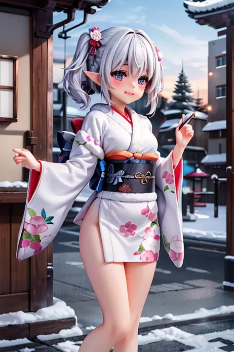 (best quality:1.2) (4k:1.) (highres:1.1) , (ultra detailed CG:1.1) ,
1girl elf , solo , (detailed face:1) , (silver twintail:1) , (small breasts:1) , <lora:colorkimono:1> (color kimono:1.2) , (wide sleeves:1), (long sleeves:1), (obi:1) , (sash:1) , (gorgeous floral print:1) , pink cute kimono , nose blush , grin , fur muffler , steam , winter , luxurious ornaments , shrine , Asian architecture , stone paving , outdoors , <lora:epiCRealismHelper:1> <lora:Gloomifier_TheDread_V1_LECO:-.5> <lora:hyperdetailer_v095:.4>