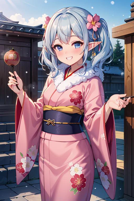 (best quality:1.2) (4k:1.) (highres:1.1) , (ultra detailed CG:1.1) ,
1girl elf , solo , (detailed face:1) , (silver twintail:1) , (small breasts:1) , <lora:colorkimono:1> (color kimono:1.2) , (wide sleeves:1), (long sleeves:1), (obi:1) , (sash:1) , (gorgeous floral print:1) , pink cute kimono , nose blush , grin , fur muffler , steam , winter , luxurious ornaments , shrine , Asian architecture , stone paving , outdoors , <lora:epiCRealismHelper:1> <lora:Gloomifier_TheDread_V1_LECO:-.5> <lora:hyperdetailer_v095:.4>