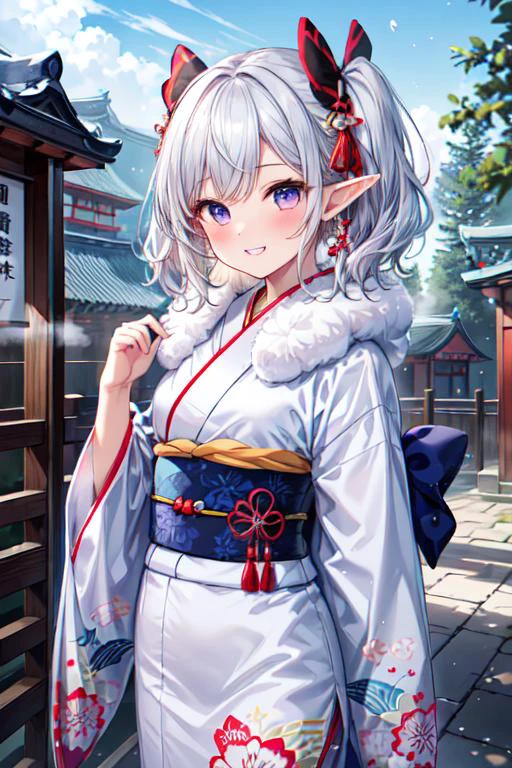 (best quality:1.2) (4k:1.) (highres:1.1) , (ultra detailed CG:1.1) ,
1girl elf , solo , (detailed face:1) , (silver twintail:1) , (small breasts:1) , <lora:colorkimono:1> (color kimono:1.2) , (wide sleeves:1), (long sleeves:1), (obi:1) , (sash:1) , (gorgeous floral print:1) , pink cute kimono , nose blush , grin , fur muffler , steam , winter , luxurious ornaments , shrine , Asian architecture , stone paving , outdoors , <lora:epiCRealismHelper:1> <lora:Gloomifier_TheDread_V1_LECO:-.5> <lora:hyperdetailer_v095:.4>