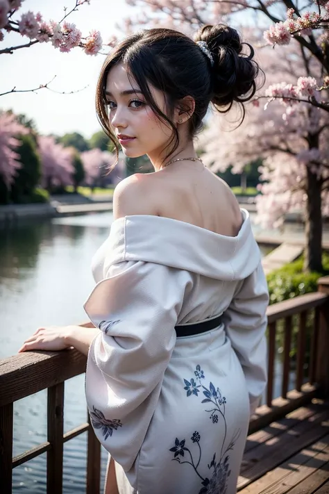 (masterpiece:1.2), (best quality:1.2), cowboy shot, view from behind, windy, 1mature woman, 1boy, medium breasts, sideboobs, shoulder blade, fit body, long hair, black hair, standing on the bridge, looking at viewer, smile,
cherry blossoms, river,  <lora:colorkimono:1>, wide sleeves, long sleeves, obi, sash, off shoulder white kimono, off shoulder white kimono BREAK hoary stock print, off shoulder white kimono BREAK, _