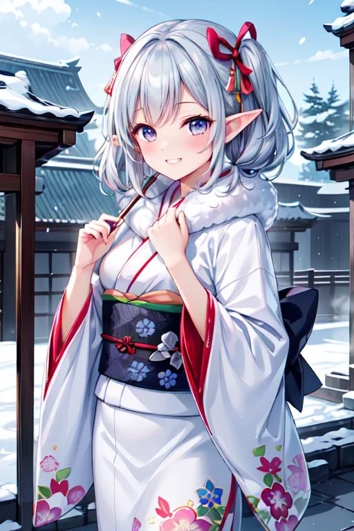 (best quality:1.2) (4k:1.) (highres:1.1) , (ultra detailed CG:1.1) ,
1girl elf , solo , (detailed face:1) , (silver twintail:1) , (small breasts:1) , <lora:colorkimono:1> (color kimono:1.2) , (wide sleeves:1), (long sleeves:1), (obi:1) , (sash:1) , (gorgeous floral print:1) , pink cute kimono , nose blush , grin , fur muffler , steam , winter , luxurious ornaments , shrine , Asian architecture , stone paving , outdoors , <lora:epiCRealismHelper:1> <lora:Gloomifier_TheDread_V1_LECO:-.5> <lora:hyperdetailer_v095:.4>