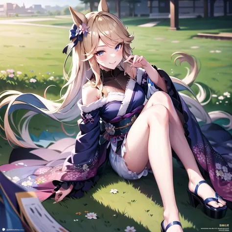 masterpiece, 8k wallpaper, best quality, 1girl, GoldCity, <lora:GoldCity>, kimono, purple kimono, off_shoulder, smile, blush, looking at the viewer, grass,