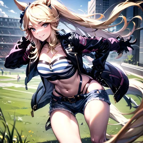((Seductive Anime Girl:1.3, solo:1.5))、((teenage girl:1.2))、((fusion of rabbit and girl:1.4))、((Running:1.3, ))、((happy smile:1.3))、energetic、((pink color, leather clothes))、((Being in grassland:1.3)), erect nipples、((open clothes:1.2))、((crop top navel:1.2))、((small breasts))、((sleeveless:1.2))、((Glossy realistic skin texture))、masterpiece, ultra-detailliert, 8k, hiquality, Top image quality, digitial illustration, Smooth texture