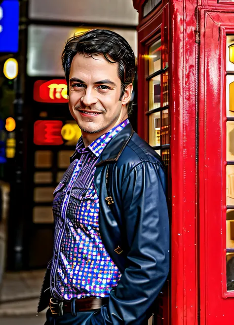 masterpiece, DSLR photo, analog style, nikon d5, real photo, a photo of a happy beautiful 35 year old man posing near a telephone box wearing colorful clothes ,mateus,dramatic lighting (85mm), (detailed facial features), (detailed shiny eyes), dynamic angle, jeremy mann <hypernet:mateus:1>
