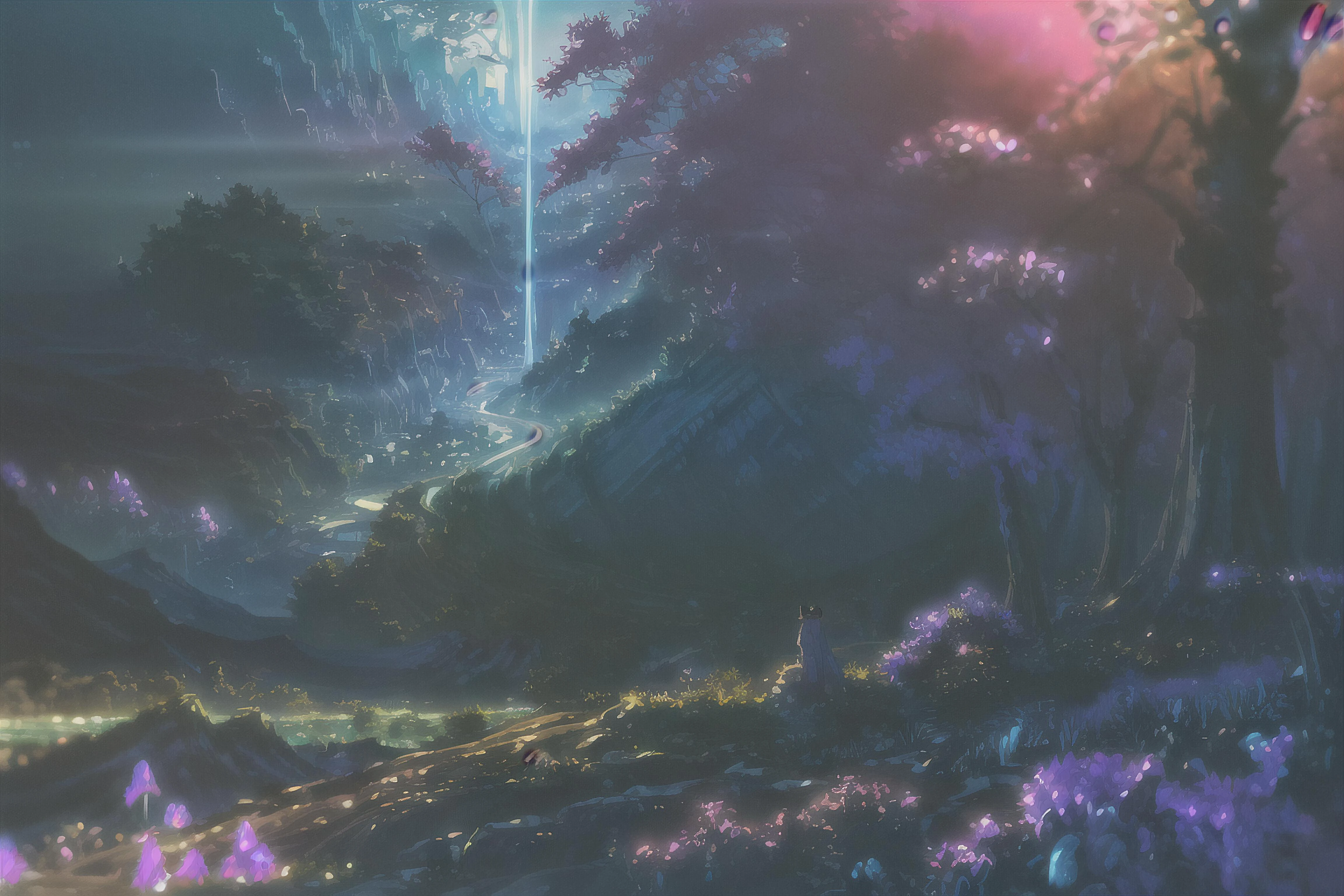 <lora:Detailed_Places_R-128_v1:0.5>
(Anime landscape, anime aesthetics:1.5)
enchanting Anime landscape reveals a magical forest nestled amidst towering mountains. Whirlwinds dance through vibrant foliage, imbued with a violet aura of mystic energy. In the background, a raccoon dons a kimono, adding whimsy to the scene.
high contrast, high saturation
<lora:more_details:0.5> <lora:AdvancedEnhancer:0.5> analog film, soft light, neon lights, ektachrome, fujifilm xt3, film grain, depth of field, dim light, color grading, RAW