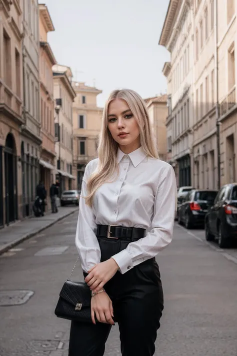 A perfect photo of a smart looking woman, wearing a white silk collared shirt <lora:collaredShirt-000020:0.6>, (shirt tucked into black tailored office trousers), belt, (black high heel boots:1.2), bag, long platinum blonde hair, chic sophisticated makeup, standing posing for the camera, looking at viewer, city in background, rome italy, cowboy shot, full body shot, photographed on a Fujifilm GFX 100, 80mm F/1.7 prime lens, cinematic film still, cinestill 500T, highly detailed, masterpiece, highest quality, intricately detailed, HDR, 8k, uhd, photorealistic <lora:AdvancedEnhancer:1.5>, <lora:add_detail:1>