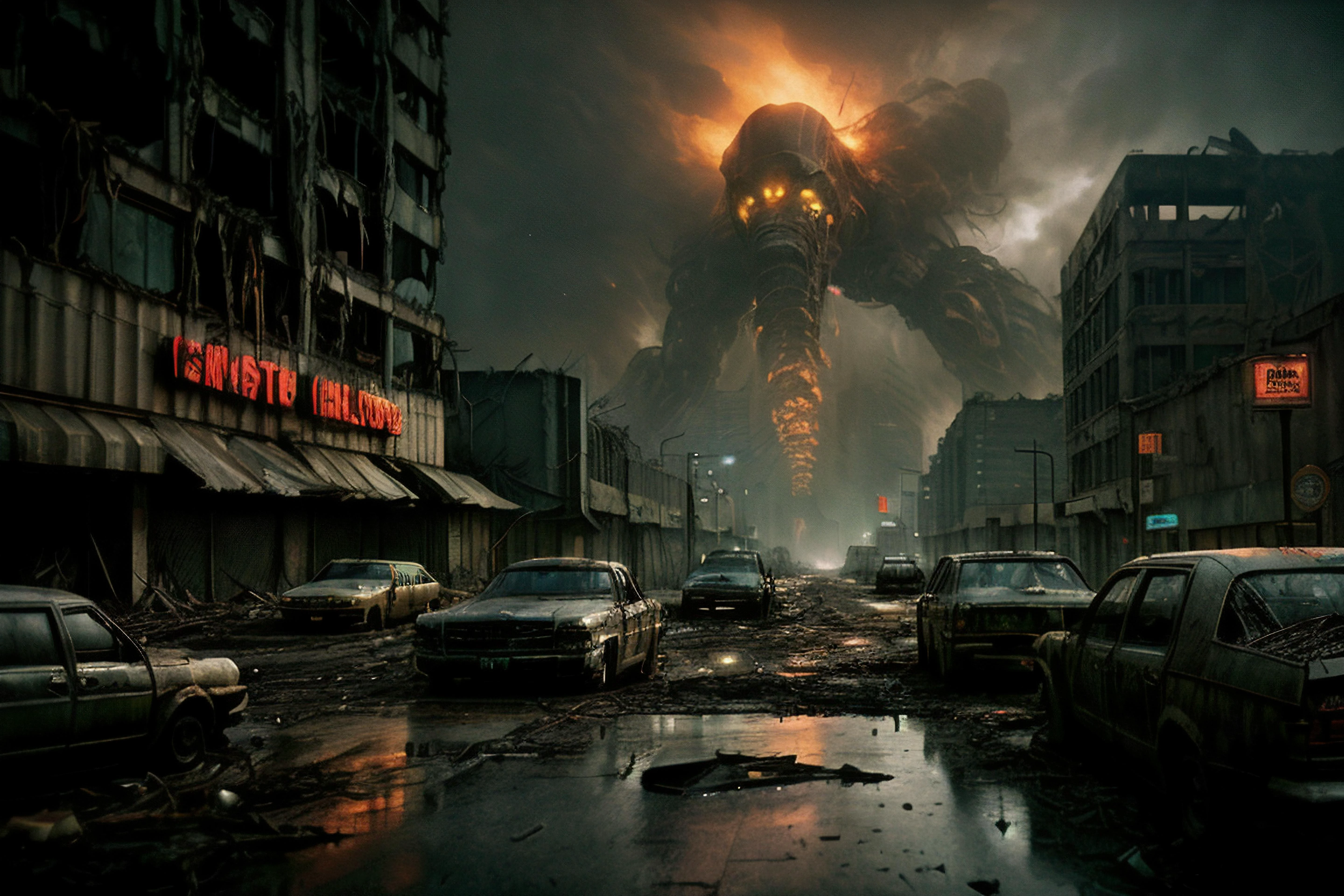 <lora:EvilLoRA:0.5> A sprawling, hyper-realistic digital artwork depicts a haunting post-apocalyptic panorama: A desolate, urban landscape ravaged by a cataclysmic event. Among the ruins of skyscrapers and crumbling buildings, mutated creatures prowl the toxic wasteland. An ominous nuclear haze hangs over the scene, tainted by the glow of radioactive rain. Twisted metal and abandoned vehicles litter the streets, while in the distance, a fallen satellite lies amid the chaos. In the toxic atmosphere, mutated wildlife emerges from the shadows, their distorted forms illuminated by eerie black smoke and flames. The air is thick with toxic fumes and glowing sludge, painting a grim picture of a world pushed to the brink of extinction.
<lora:more_details:0.5> <lora:AdvancedEnhancer:0.5> analog film, neon lighting, dramatic lighting, film grain, depth of field, color grading, RAW