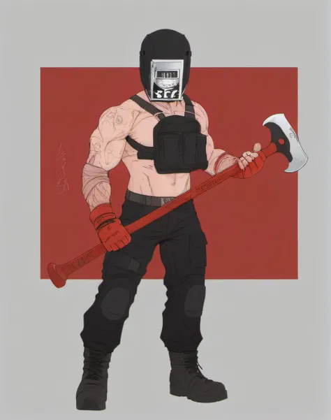 1boy,muscular,axe,solo,muscular,helmet, black helmet, red text <lora:tg:0.8>
