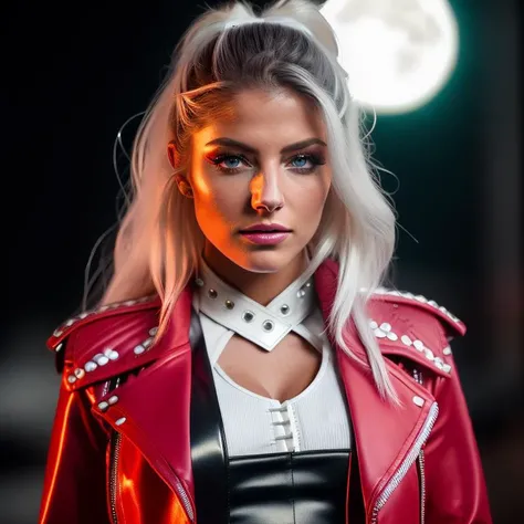 ((western outfit, White blouse, vest, red leather jacket, pants, boots gun holster, cowboy shot, model shoot)), dark city at night, ((dark night, midnight, full moon, starry sky)), (masterpiece, best quality, ultra-detailed, best shadow), (detailed face), high contrast, (best illumination), ((cinematic light)), colorful, hyper detail, dramatic light, intricate details, (1 girl, solo, sharp face) , ultra detailed photography, dreamy, glowing, backlit, shadows, smooth, ultra high definition, 8k, ultra sharp focus, intricate artwork masterpiece, realistic eyes, long hair, ultra high quality model, soft lighting, film photography, analogue photography, hyperrealism, perfect anatomy, alexabliss, <lyco:AlexaBliss:1.0>