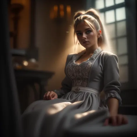 alexabliss, adult woman, sitting in an empty run down room, on a lonely stool, wearing ((prudish grey amish clothes)), (masterpiece, best quality, ultra-detailed, best shadow), high contrast, (best illumination), ((cinematic light)), colorful, hyper detail, dramatic light, intricate details, (1 girl, solo) , ultra detailed artistic photography, dreamy, backlit, shadows, ultra high definition, 8k, ultra sharp focus, intricate artwork masterpiece, ultra high quality model, soft lighting, film photography, analogue photography, hyperrealism,<lyco:AlexaBliss:1.0>