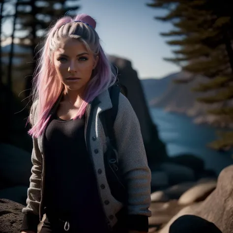 alexabliss,adult woman, outdoors, (evening), mountains, nature, (summer, windy), backpack, sweater, hiking pants, forest, rocks, river, wood, shadows, contrast, clear sky, <lyco:AlexaBliss:1.0>, (masterpiece, best quality, ultra-detailed, best shadow), high contrast, (best illumination), ((cinematic light)), colorful, hyper detail, dramatic light, intricate details, (1 girl, solo) , ultra detailed artistic photography, dreamy, backlit, shadows, ultra high definition, 8k, ultra sharp focus, intricate artwork masterpiece, ((sharp face, detailed face, realistic face, naturtal skin, realistic skin, detailed skin, pores, detailed eyes,realistic eyes)), ultra high quality model, soft lighting, film photography, analogue photography, hyperrealism,