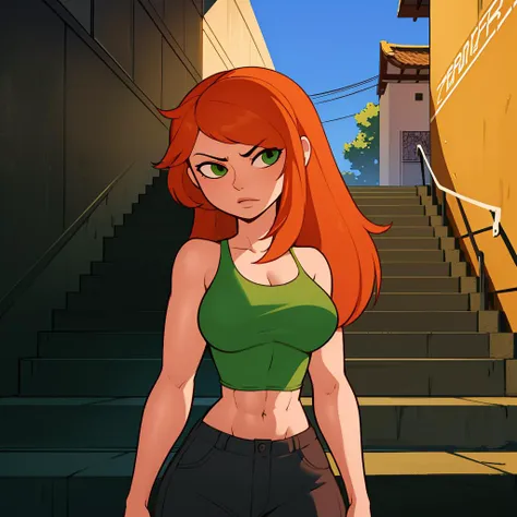 cartoon girl with red hair and green top walking down stairs