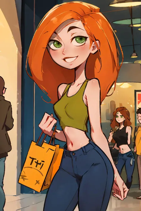 Masterpiece , best quality , Masterpiece , best quality , 1 woman, long wavy orange hair , green eyes , sly face , glasses , white tank top , black panties , abdomen, big breasts , Put your hands on your hips. , canvas shoes , convenience store