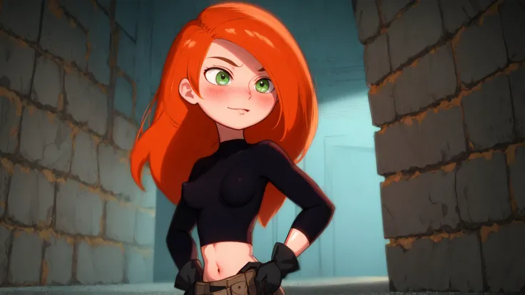 raw photo,intricate details,best quality,8k uhd,soft lighting,1girl,solo,green eyes,orange hair,long hair,black gloves,black shirt,crop top,midriff,long sleeves,belt,belt pouch,green cargo pants,groin,<lora:Kimberly_Ann_Possible_V2:0.7>,indoors,(covered nipples:0.7),hand on hip,(smile:0.7),blush,basement,stone wall,perfect lighting,