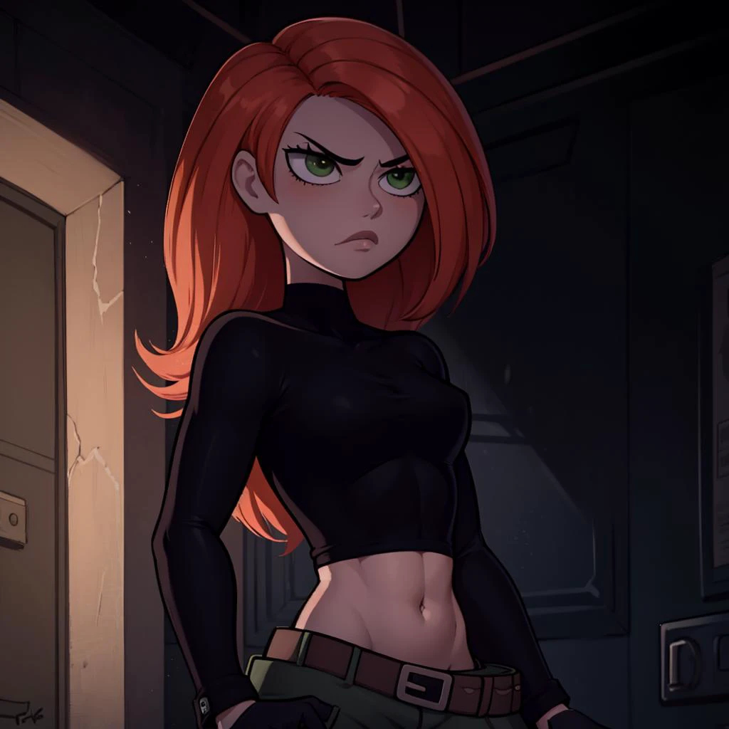 Best_QualityPos, RAW photo, intricate details, best quality, 8k uhd, soft lighting, 1girl, solo, green eyes, orange hair, long hair, black gloves, black shirt, crop top, midriff, long sleeves, belt, belt pouch, green cargo pants <lora:Kimberly_Ann_Possible_V2:0.7>