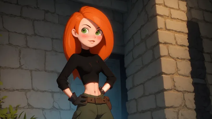 raw photo,intricate details,best quality,8k uhd,soft lighting,1girl,solo,green eyes,orange hair,long hair,black gloves,black shirt,crop top,midriff,long sleeves,belt,belt pouch,green cargo pants,groin,<lora:Kimberly_Ann_Possible_V2:0.7>,indoors,(covered nipples:0.7),hand on hip,(smile:0.7),blush,basement,stone wall,perfect lighting,