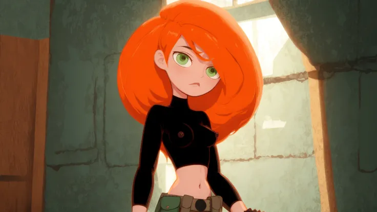 raw photo,intricate details,best quality,8k uhd,soft lighting,1girl,solo,green eyes,orange hair,long hair,black gloves,black shirt,crop top,midriff,long sleeves,belt,belt pouch,green cargo pants,groin,<lora:Kimberly_Ann_Possible_V2:0.7>,indoors,covered nipples,