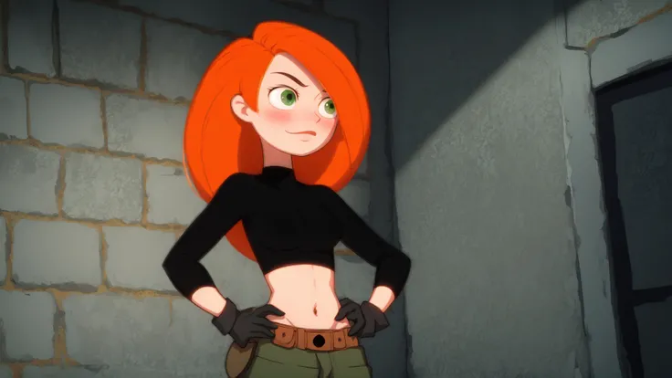 raw photo,intricate details,best quality,8k uhd,soft lighting,1girl,solo,green eyes,orange hair,long hair,black gloves,black shirt,crop top,midriff,long sleeves,belt,belt pouch,green cargo pants,groin,<lora:Kimberly_Ann_Possible_V2:0.7>,indoors,(covered nipples:0.7),hand on hip,(smile:0.7),blush,basement,stone wall,perfect lighting,