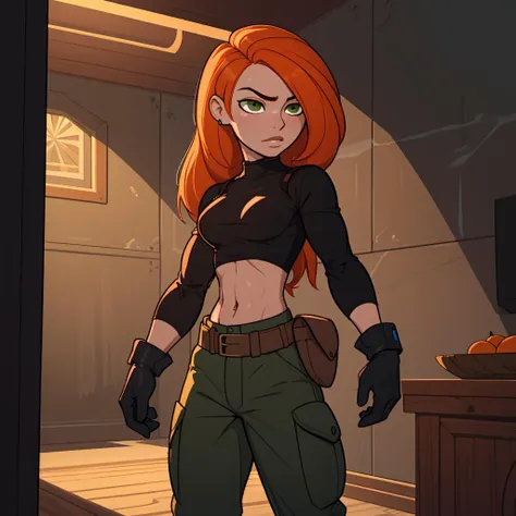 Best_QualityPos, RAW photo, intricate details, best quality, 8k uhd, soft lighting, 1girl, solo, green eyes, orange hair, long hair, black gloves, black shirt, crop top, midriff, long sleeves, belt, belt pouch, green cargo pants <lora:Kimberly_Ann_Possible_V2:0.7>