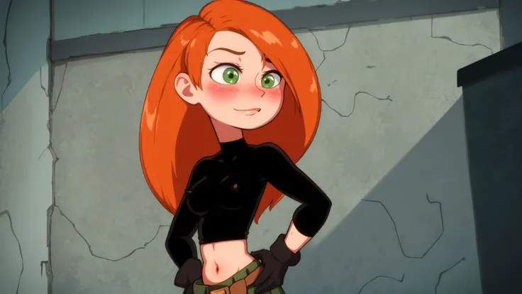 raw photo,intricate details,best quality,8k uhd,soft lighting,1girl,solo,green eyes,orange hair,long hair,black gloves,black shirt,crop top,midriff,long sleeves,belt,belt pouch,green cargo pants,groin,<lora:Kimberly_Ann_Possible_V2:0.7>,indoors,(covered nipples:0.7),hand on hip,(smile:0.7),blush,basement,stone wall,perfect lighting,