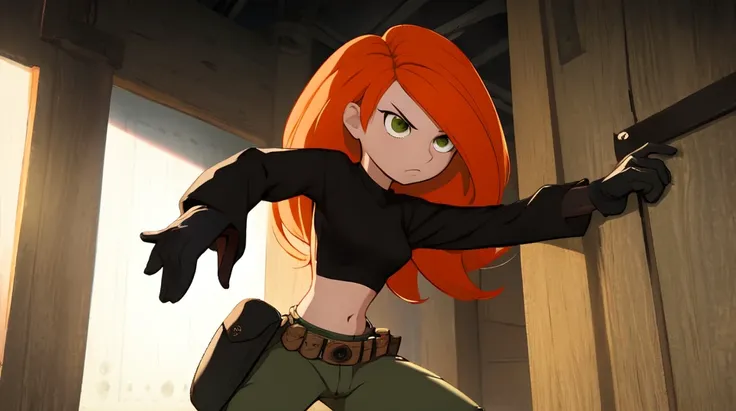 raw photo,intricate details,best quality,8k uhd,soft lighting,1girl,solo,green eyes,orange hair,long hair,black gloves,black shirt,crop top,midriff,long sleeves,belt,belt pouch,green cargo pants,goin,<lora:Kimberly_Ann_Possible_V2:0.7>,