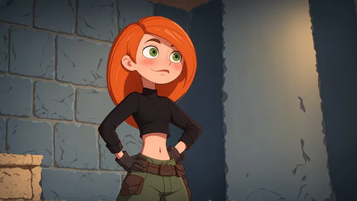 raw photo,intricate details,best quality,8k uhd,soft lighting,1girl,solo,green eyes,orange hair,long hair,black gloves,black shirt,crop top,midriff,long sleeves,belt,belt pouch,green cargo pants,groin,<lora:Kimberly_Ann_Possible_V2:0.7>,indoors,(covered nipples:0.7),hand on hip,(smile:0.7),blush,basement,stone wall,perfect lighting,