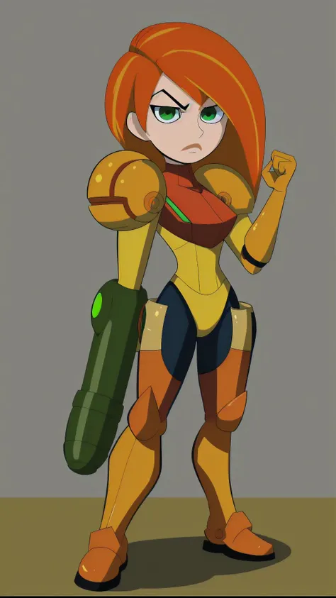 <lora:Samus_Varia_Suit:0.8> samus aran, varia suit, arm cannon, (orange armor:1.2), blue armor, BREAK,    <lora:Kimberly_Ann_Possible_V2:0.7> Kimberly Ann Possible, 1girl, kim possible \(series\), green eyes, orange hair, long hair,