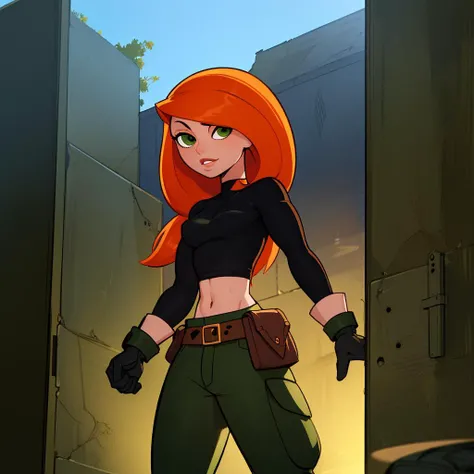 Best_QualityPos, RAW photo, intricate details, best quality, 8k uhd, soft lighting, 1girl, solo, green eyes, orange hair, long hair, black gloves, black shirt, crop top, midriff, long sleeves, belt, belt pouch, green cargo pants <lora:Kimberly_Ann_Possible_V2:0.7>