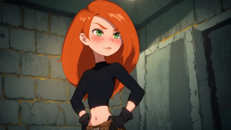 raw photo,intricate details,best quality,8k uhd,soft lighting,1girl,solo,green eyes,orange hair,long hair,black gloves,black shirt,crop top,midriff,long sleeves,belt,belt pouch,green cargo pants,groin,<lora:Kimberly_Ann_Possible_V2:0.7>,indoors,(covered nipples:0.7),hand on hip,(smile:0.7),blush,basement,stone wall,perfect lighting,