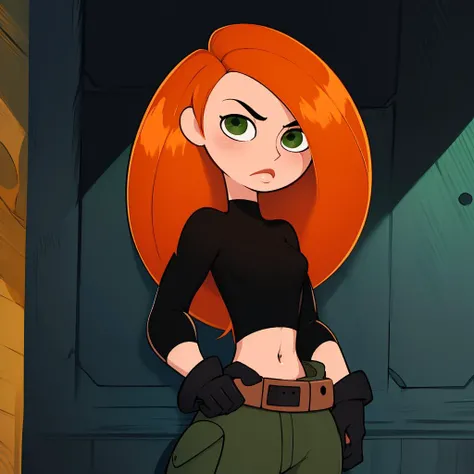 Best_QualityPos, RAW photo, intricate details, best quality, 8k uhd, soft lighting, 1girl, solo, green eyes, orange hair, long hair, black gloves, black shirt, crop top, midriff, long sleeves, belt, belt pouch, green cargo pants <lora:Kimberly_Ann_Possible_V2:0.9>