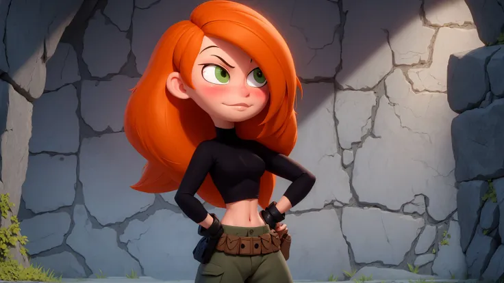 raw photo,intricate details,best quality,8k uhd,soft lighting,1girl,solo,green eyes,orange hair,long hair,black gloves,black shirt,crop top,midriff,long sleeves,belt,belt pouch,green cargo pants,groin,<lora:Kimberly_Ann_Possible_V2:0.7>,indoors,(covered nipples:0.7),hand on hip,(smile:0.7),blush,basement,stone wall,perfect lighting,